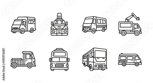 Set of black and white outlined commercial and utility vehicles illustrations including van, bus, truck, and construction crane, perfect for transport or logistics design