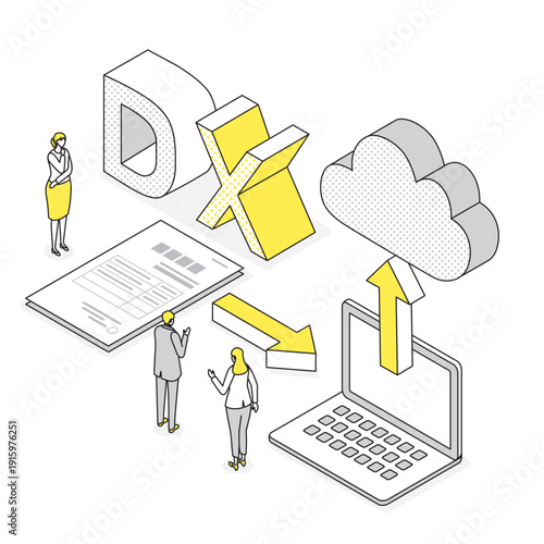 DX化をイメージしたクラウド連携とデジタル移行の人物入りアイソメトリックイラスト
