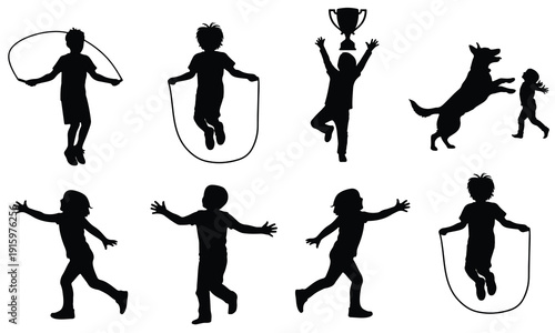 Silhouettes of children jumping rope, celebrating with trophies, and playing with a dog.