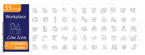 Workplace Icons Set, Office Environment, Team Collaboration, Employee Productivity, Corporate Culture, Meeting Room, Business Communication, Editable Stroke Vector Illustration.