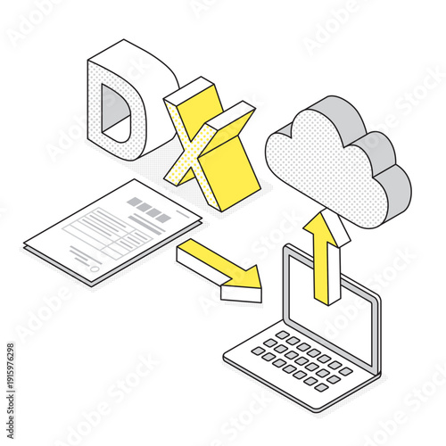 DX化をイメージしたクラウド連携とデジタル移行のアイソメトリックイラスト
