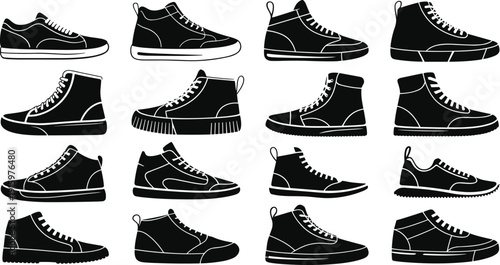 Black vector silhouettes of various sneakers and athletic footwear icons set isolated on white background for sports fashion retail and active lifestyle design concept.