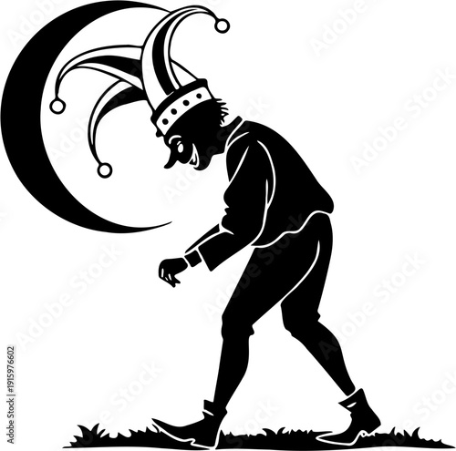 April Fools’ Day Jester Silhouette Carrying Sign Vector Illustration