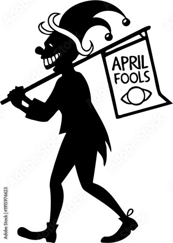 April Fools’ Day Jester Silhouette Carrying Sign Vector Illustration