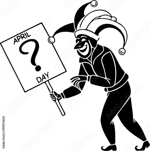 April Fools’ Day Jester Silhouette Carrying Sign Vector Illustration