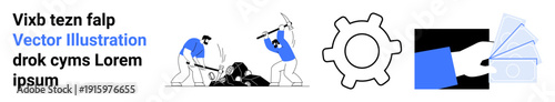 Labor, industry, mechanical engineering, finance, business operations, teamwork. Workers mining rocks, a gear symbol and a hand holding credit cards. Labor and industry concept