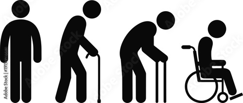 Black vector silhouettes illustrating human aging process with senior elderly man using walking cane and wheelchair isolated on white background for healthcare and retirement concept.