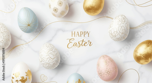 Elegant Easter Eggs Adorned with Golden Accents and Intricate Patterns on a Pristine Marble Background, Perfect for Spring Holiday Celebrations and Festive Greeting Cards