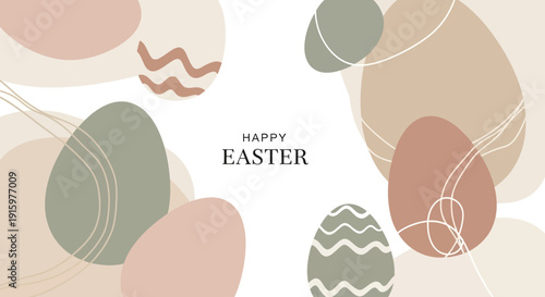 Happy Easter greeting card with abstract egg shapes and decorative patterns in pastel colors
