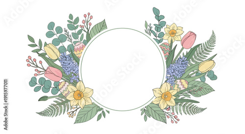 Floral Easter wreath with eggs and spring blossoms, delicate pastel colors and a blank circular space for text