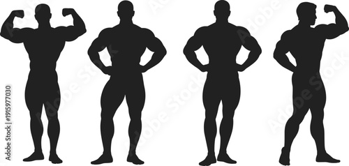 Black silhouette of muscular male bodybuilders posing in different athletic stances isolated on white background for fitness gym workout and bodybuilding competition concept.