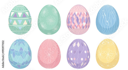 Set of eight decorative Easter eggs with unique patterns and pastel colors, perfect for spring celebrations and traditional holidays