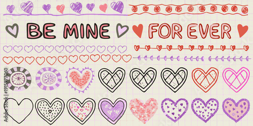 Colorful hearts and a be mine forever message on lined paper