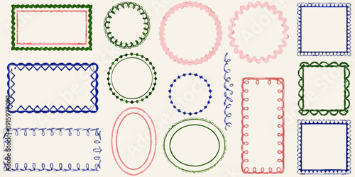Assorted hand drawn frames and borders in various colors and shapes