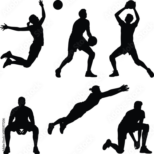 Basketball player silhouettes set, athletes dribbling shooting jumping and defending, sport action vector collection isolated on white for fitness training design