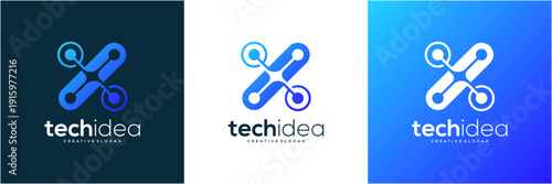 Modern letter X initial tech with network connection logo template. Abstract vector icon blue gradient. 