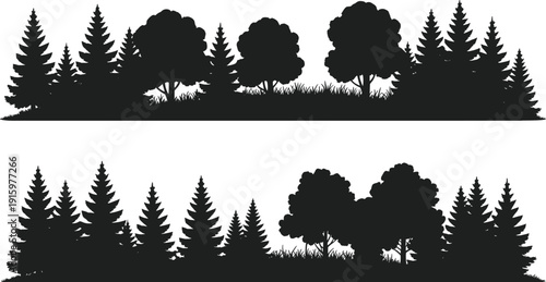 Black forest tree silhouette collection, coniferous and deciduous woodland border, horizontal landscape dividers, nature outdoor design elements, pine and oak,