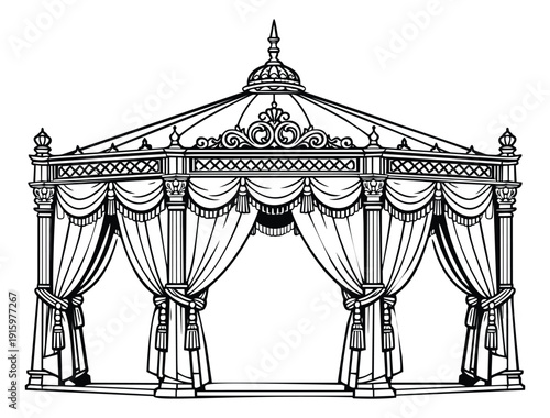 Elegant line art illustration of a ceremonial gazebo depicting classic drapes and ornate details for special events