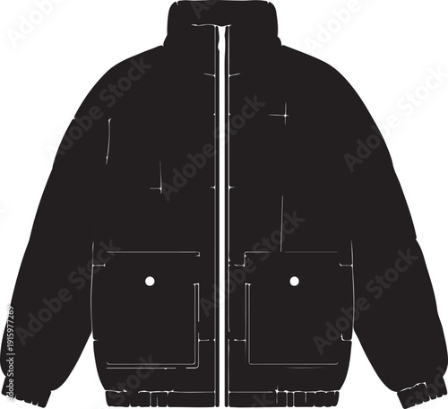Black jacket with white outlines and zipper pockets sleeves