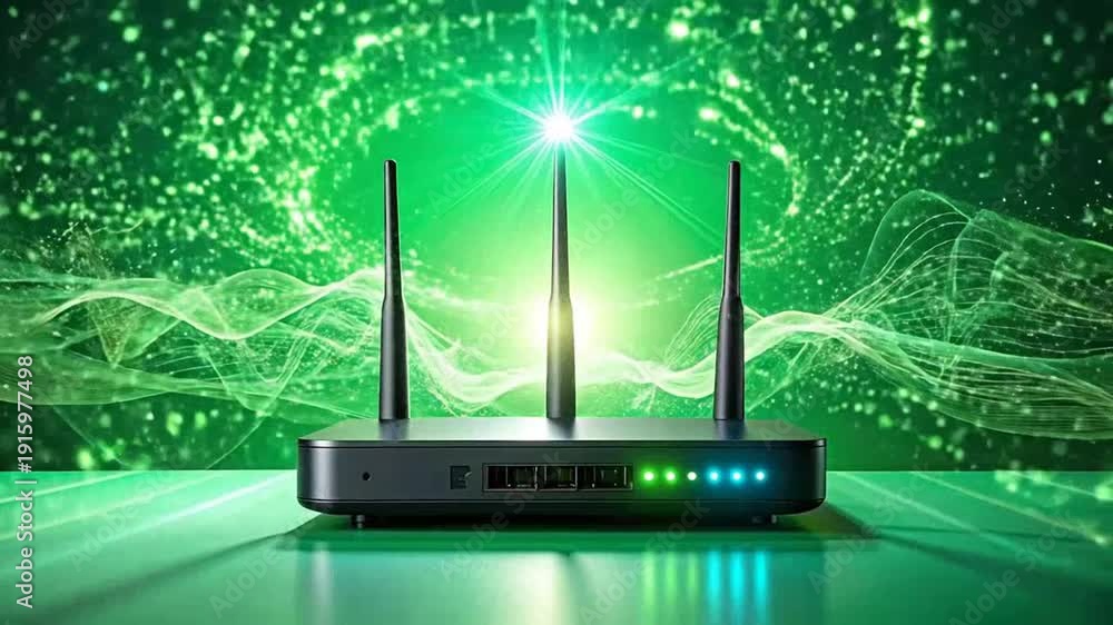 Pattern Internet Router Wave Wireless router with three antennas emitting a bright green light and ...