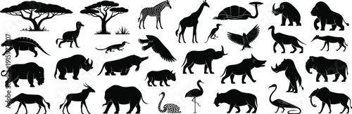 Black woodland animal silhouette collection, deer bear fox rabbit and owl vector set, forest wildlife, cad drawing flat vector illustration, nature elements,