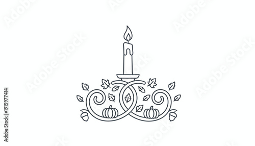 Autumn Candle Holder with Pumpkins and Leaves - Decorative Line Art