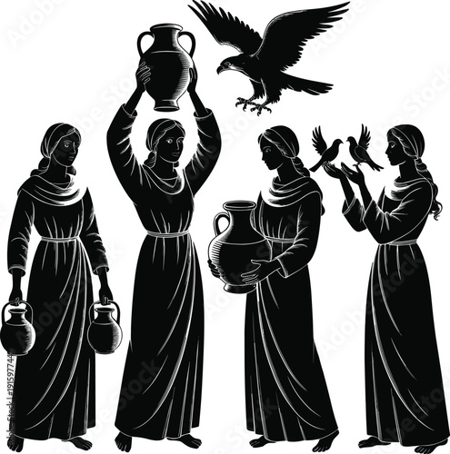 Ancient women silhouettes with water jugs and birds, historical village life collection, black vector illustration isolated for mythology design