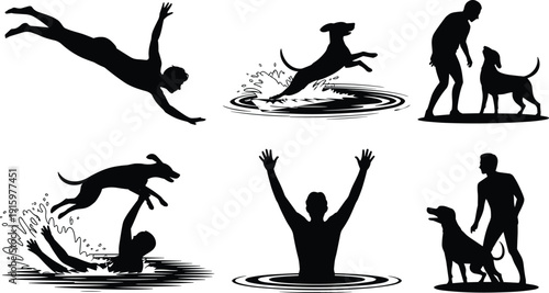 Dog rescue silhouette set with pet saving owner from water, training moments and friendship, animal hero vector collection isolated on white background