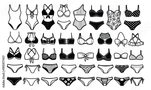 Hand drawn line art swimwear set featuring bikinis and one-piece swimsuits for summer fashion
