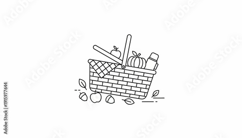 Autumn Picnic Basket with Harvest Food, Apples, Pumpkin, Nuts, and Thermos - Line Art
