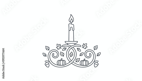 Autumn Candle Holder with Pumpkins and Leaves - Decorative Line Art