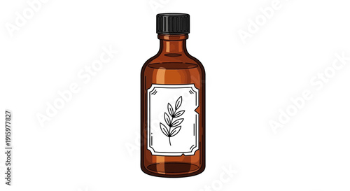 Amber Glass Bottle with Herbal Extract and Leaf Label, Isolated on White