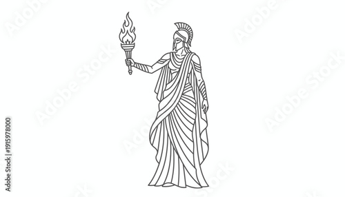 Ancient Greek Goddess Holding Flaming Torch, Line Art Illustration