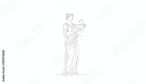 Ancient Greek Goddess Holding Rod of Asclepius, Line Art