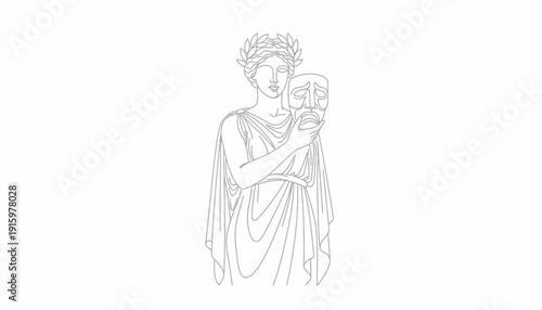 Ancient Greek Muse Holding Sad Tragedy Mask, Symbol of Theater and Drama