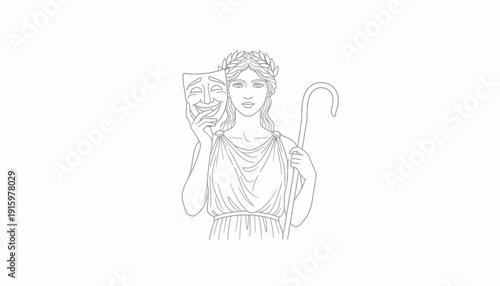 Ancient Greek Muse holding a comedy mask and shepherd's crook, laurel wreath