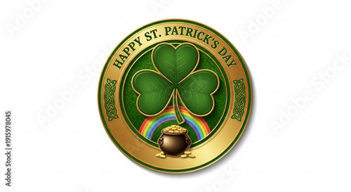 St patrick's day gold coin with shamrock and rainbow pot of gold