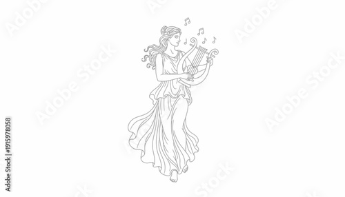 Ancient Greek Muse playing Lyre, elegant woman with flowing dress, musical notes