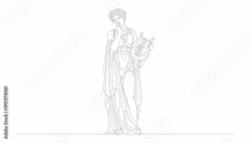 Ancient Greek Muse statue with lyre, laurel wreath, contemplative pose, line art