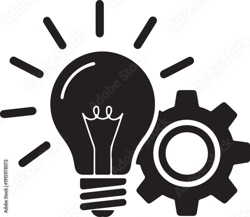Black lightbulb with white outline next to gear on white background