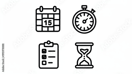 Set of clean flat vector icons representing various time-related concepts like clocks, calendars, and deadlines.