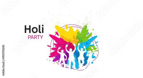 Vibrant holi party illustration with colorful silhouettes and paint splatters