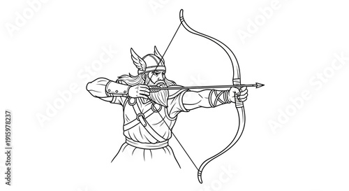 Viking Archer Warrior Drawing with Bow and Arrow, Medieval Warrior Aiming