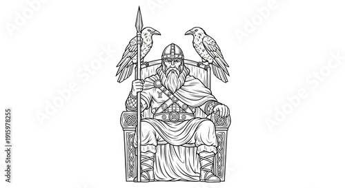 Viking King Odin with Ravens on Throne, Norse Mythology, Ancient Warrior King, Black and White