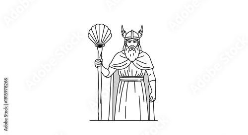 Viking Warrior God Odin with Staff and Seashell Helmet, Norse Mythology Illustration