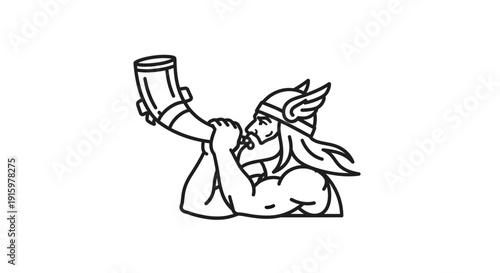 Viking Warrior Blowing Horn, Norse Mythology, Ancient Warrior, Scandinavian Culture, Line Art