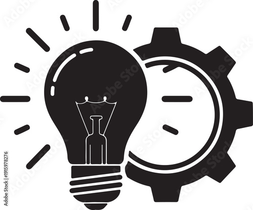 Black lightbulb with white lines and gear symbol