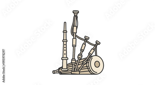 Bagpipe instrument with chanter and drone pipes on white background