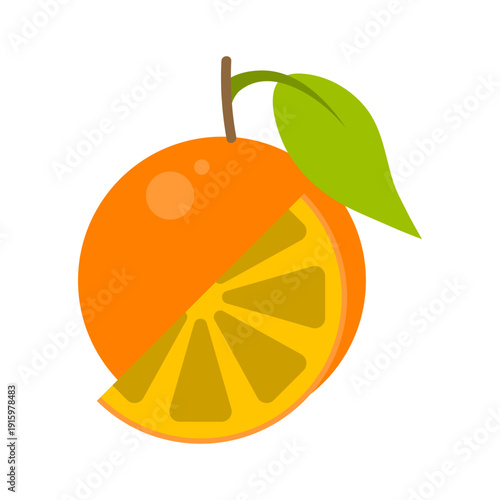 Fresh Orange Fruit with Sliced Piece and Leaf Vector