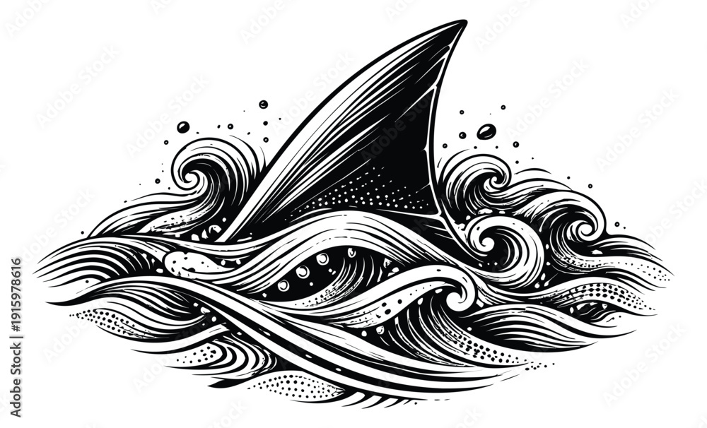 Fototapeta premium Hand drawn line art illustration of a shark fin depicting a menacing presence in ocean waves for marine life concepts